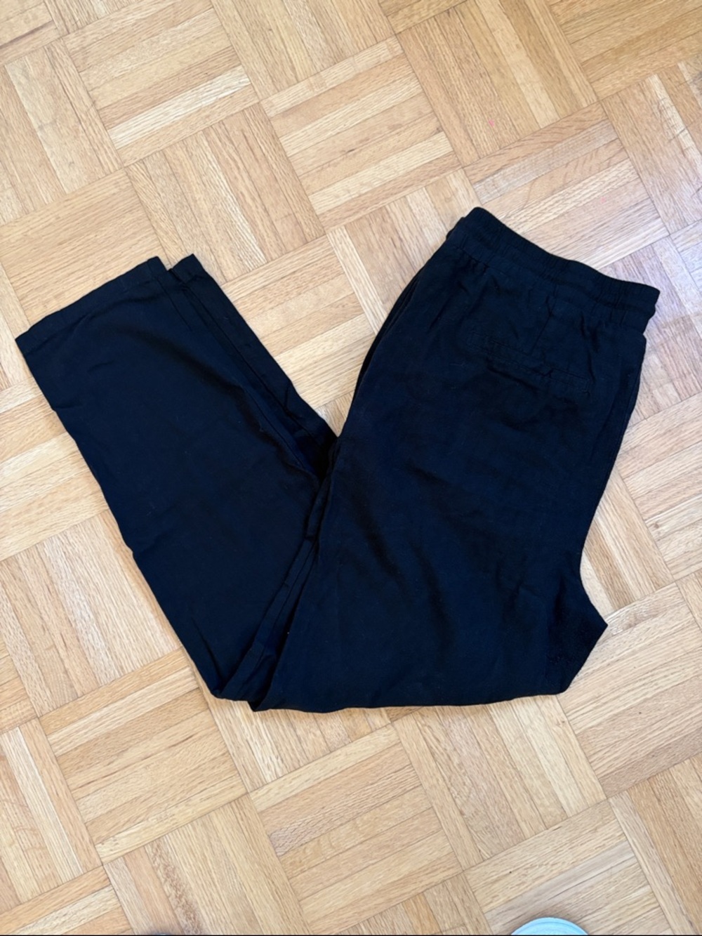 Black Linen Blend Casual Drawstring Pants